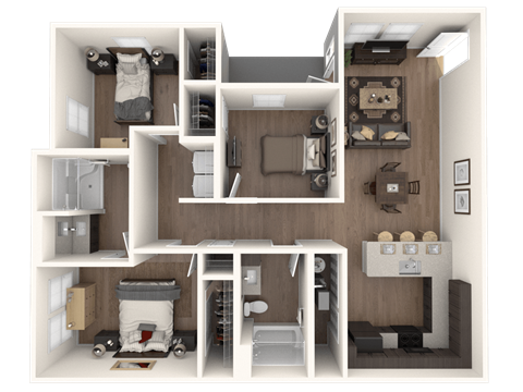 Floor plan for 3 beds, 2 baths, 1225 sqft